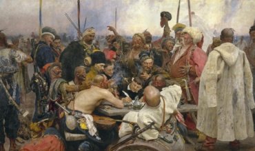 The Reply of the Zaporozhian Cossacks to Sultan Mehmed IV Ilya Repin Original Title: Запорожцы пишут письмо турецкому султану Date: 1889 - 1896