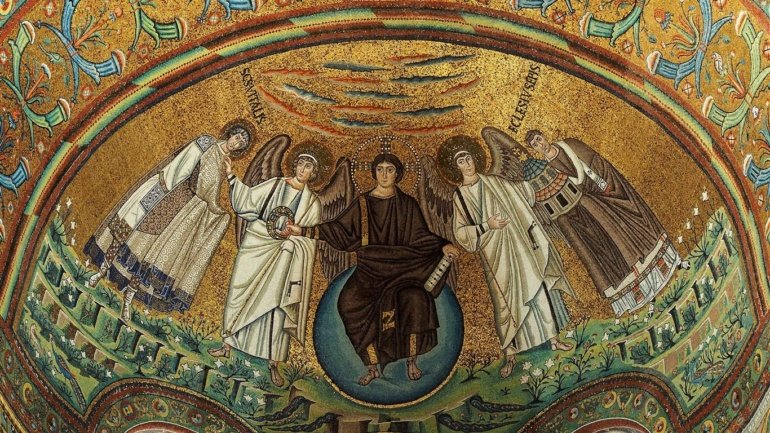 St. Vitalis, Archangel, Jesus Christ, Second Archangel and Bishop of Ravenna Ecclesius Byzantine Mosaics Date: c.547